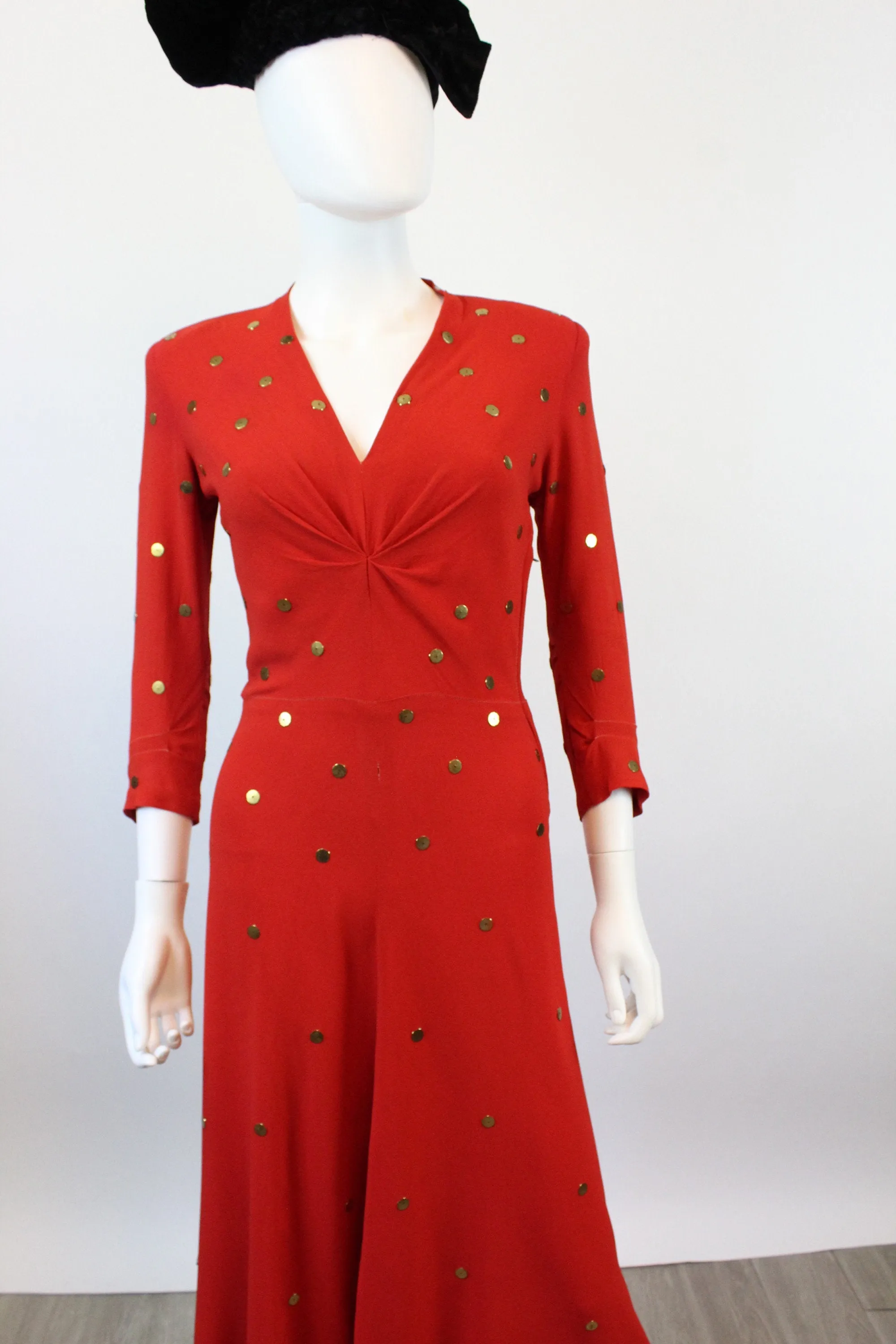 1940s GOLD DISC red rayon gown dress xs | new fall