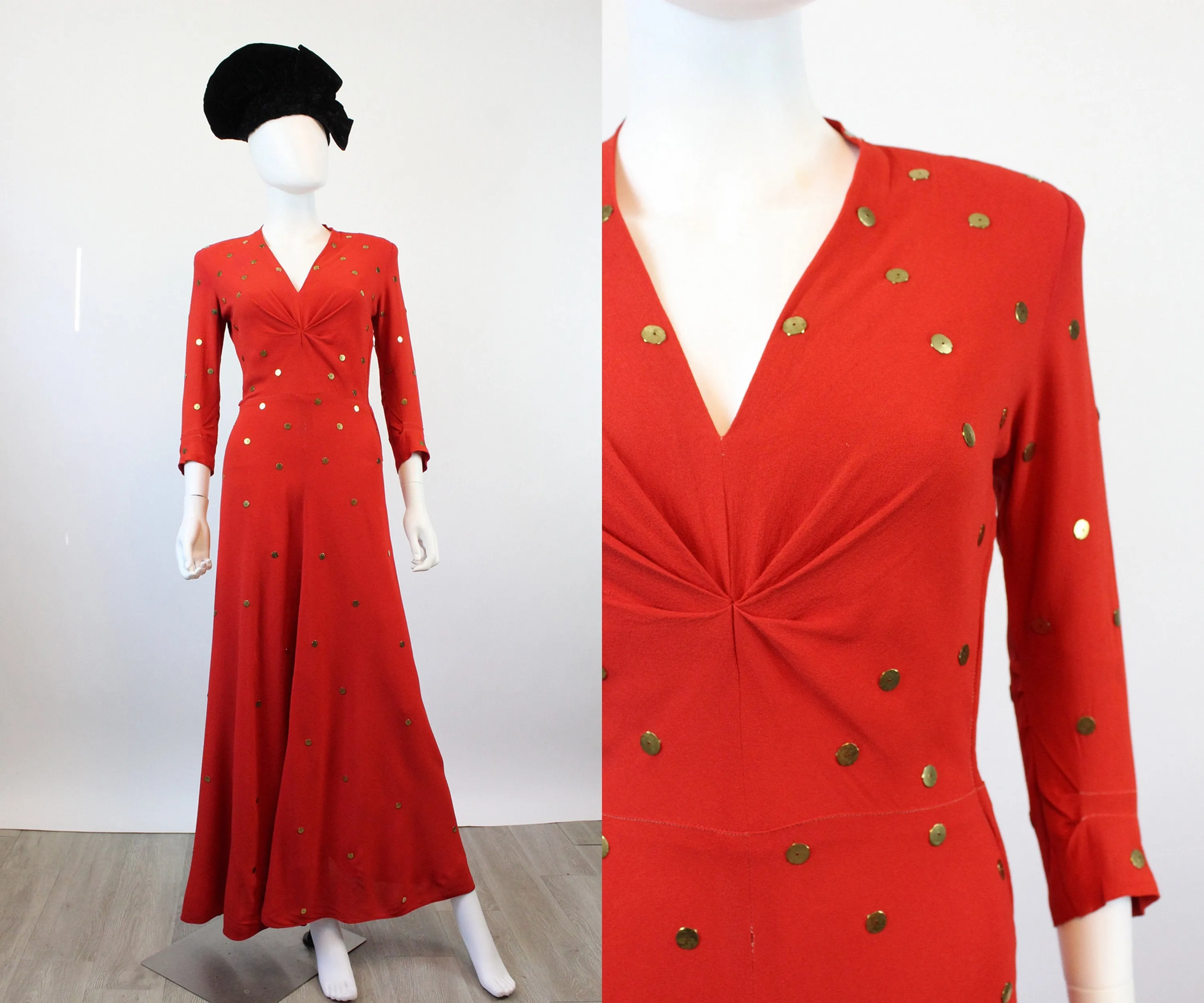 1940s GOLD DISC red rayon gown dress xs | new fall