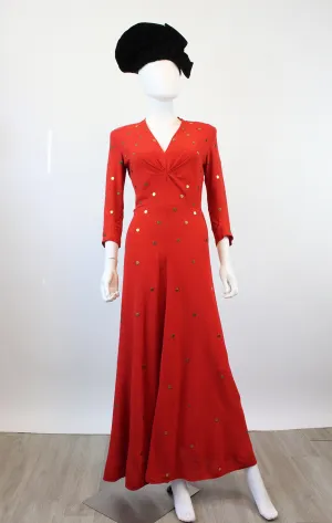 1940s GOLD DISC red rayon gown dress xs | new fall