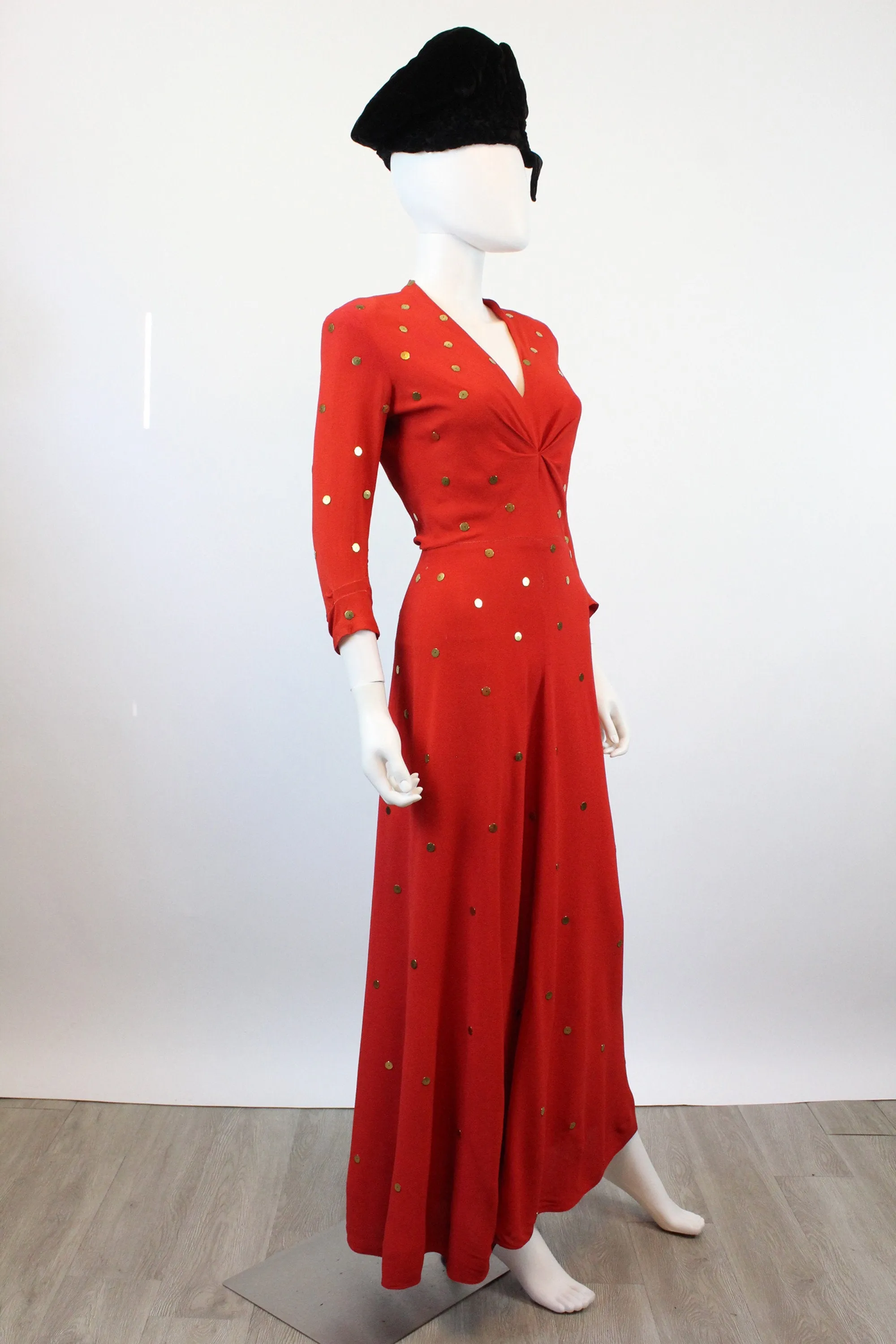 1940s GOLD DISC red rayon gown dress xs | new fall