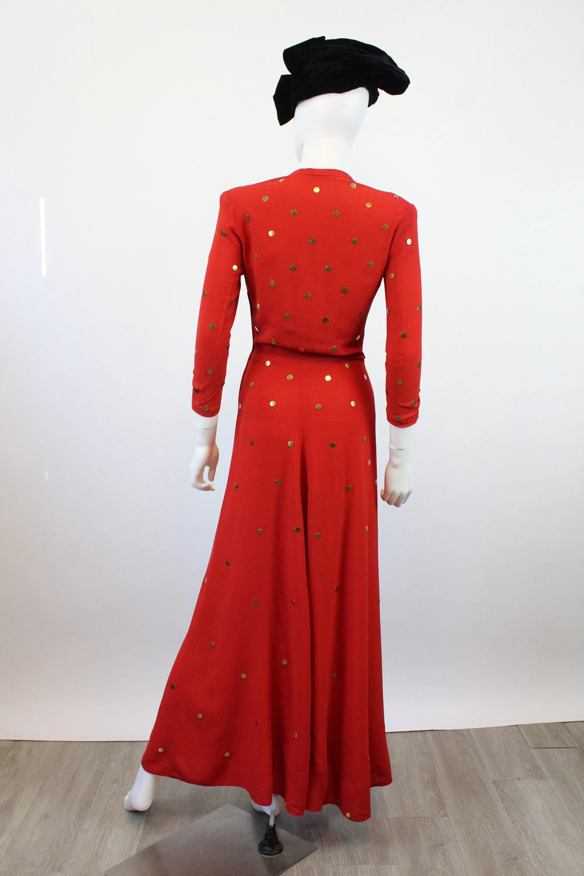 1940s GOLD DISC red rayon gown dress xs | new fall