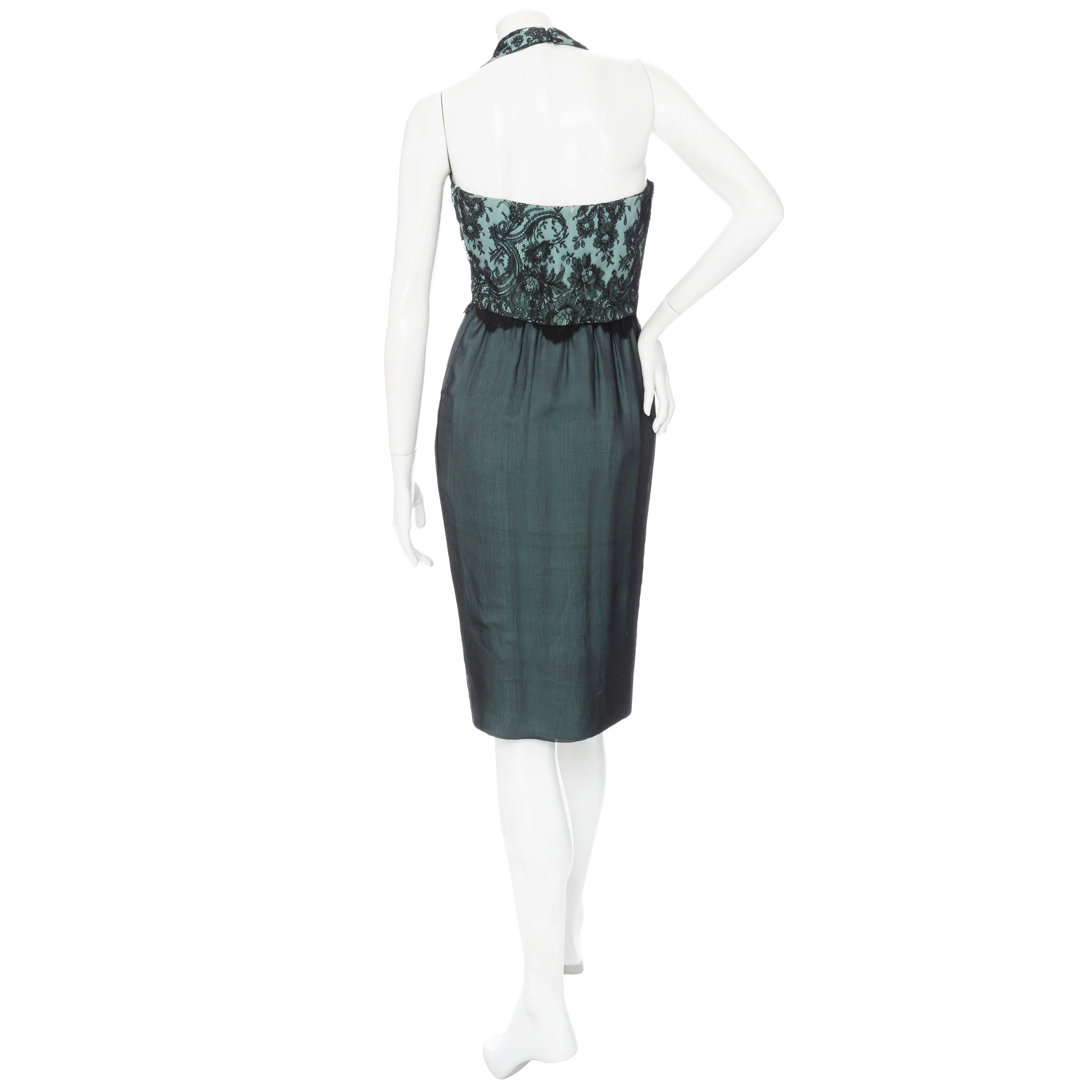 1960s Haute Couture Teal and Black Lace Chiffon Cowl Neck Dress