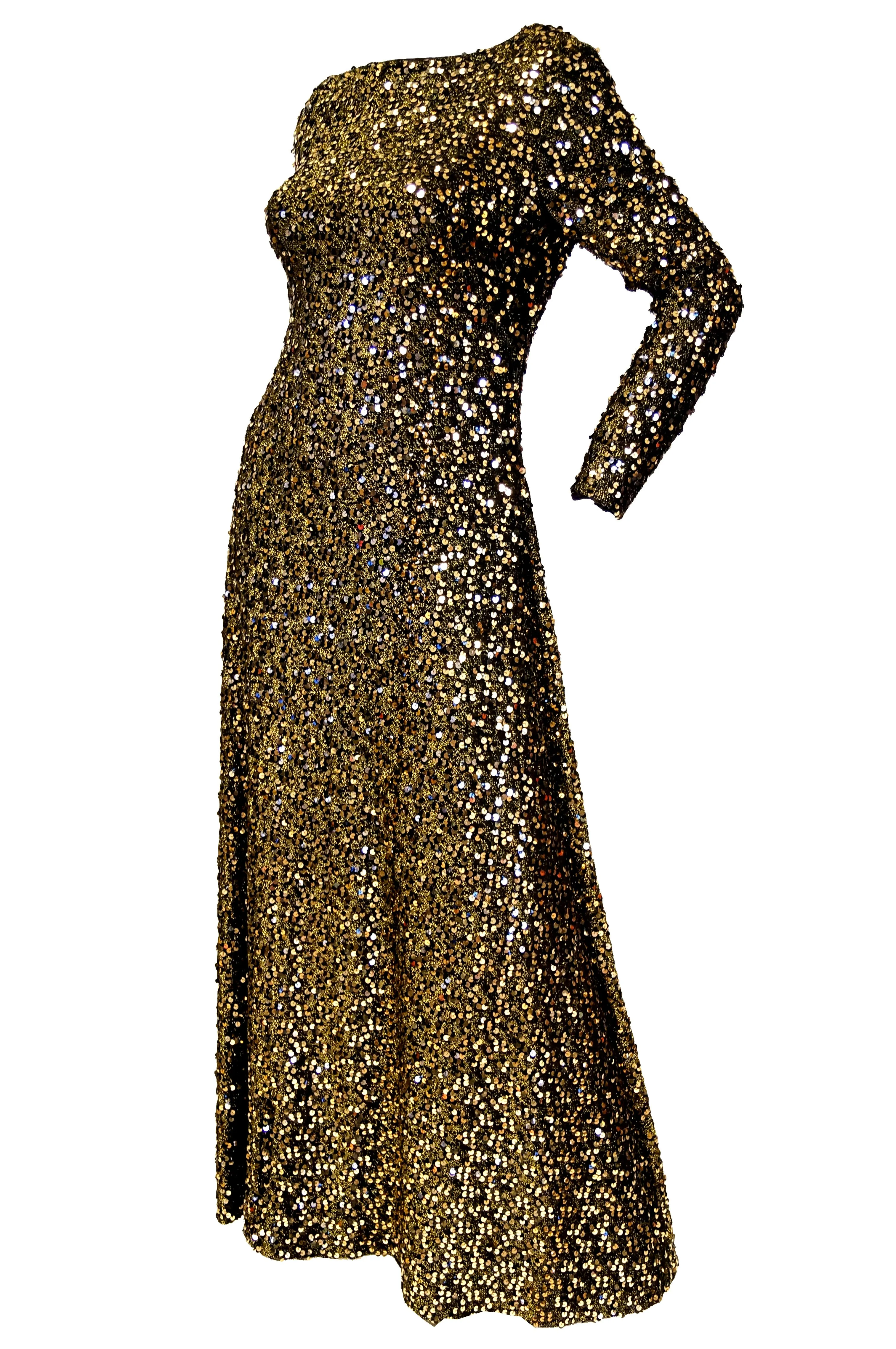 1970s Jill Richards Plunge Back Fully Sequined Black and Gold Evening Dress