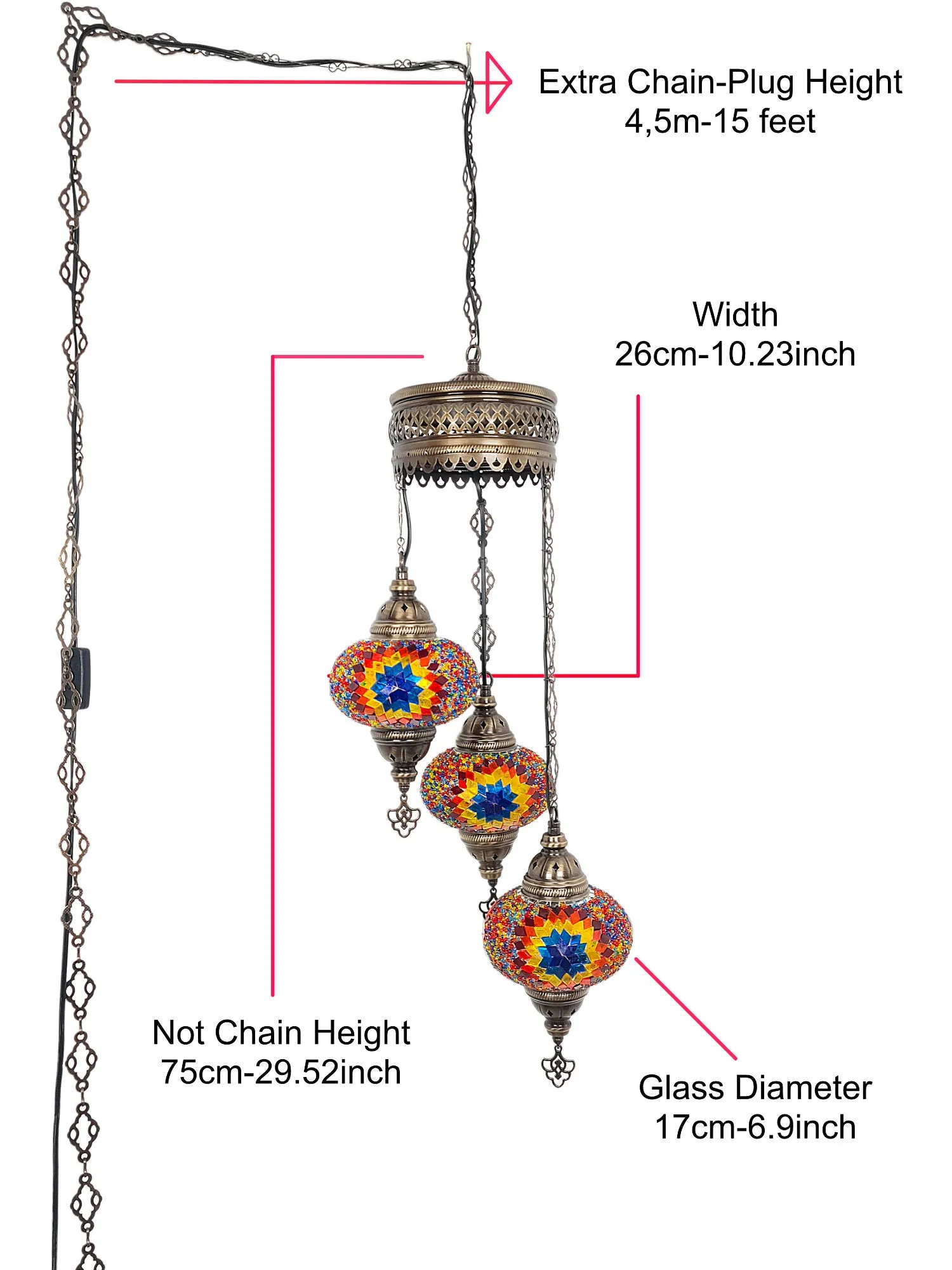 3-Globe Turkish Mosaic Chandelier Extra Chain Plug