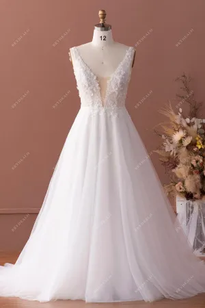 3D Flower Lace Plunging Shimmery Tulle Wedding Dress