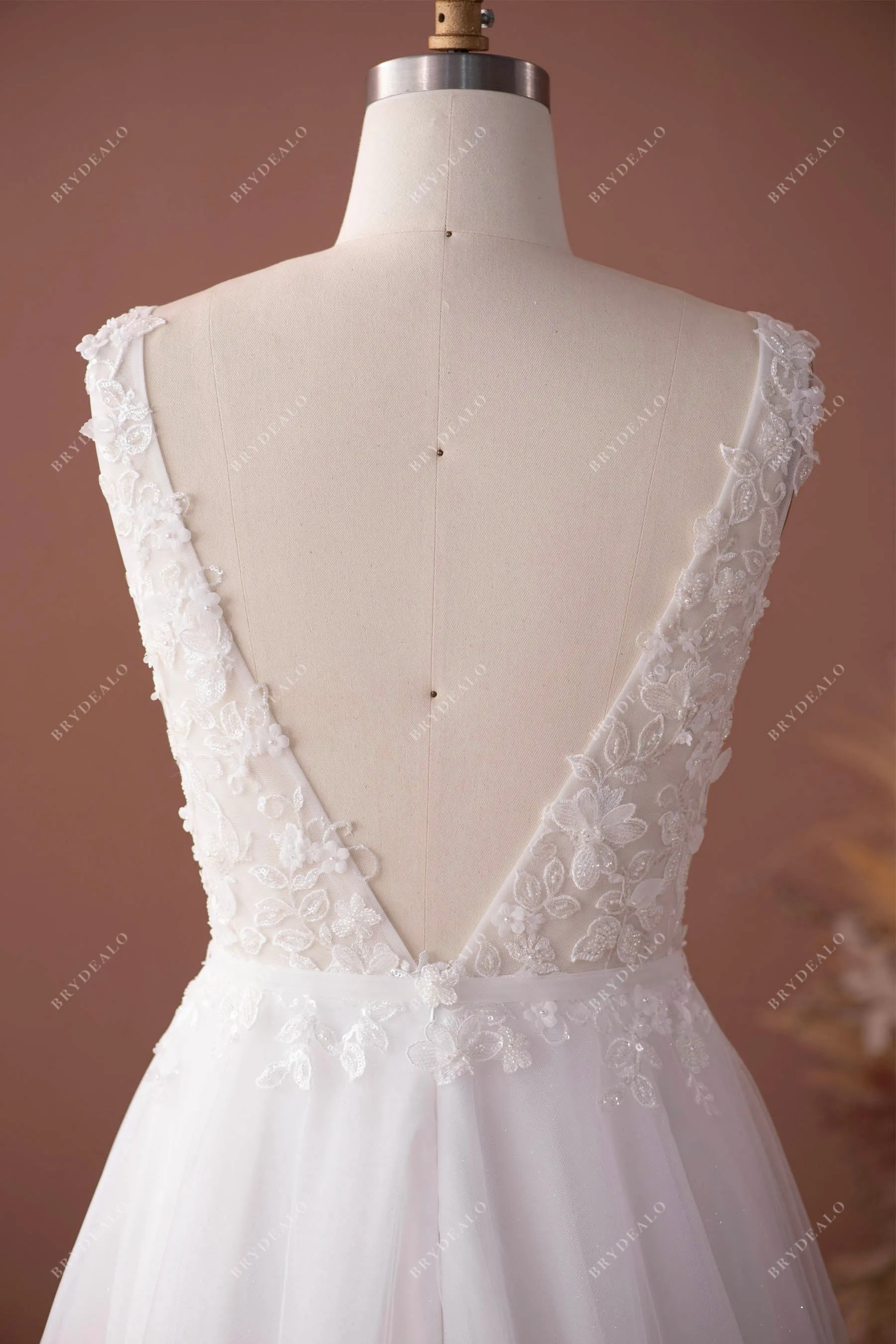 3D Flower Lace Plunging Shimmery Tulle Wedding Dress