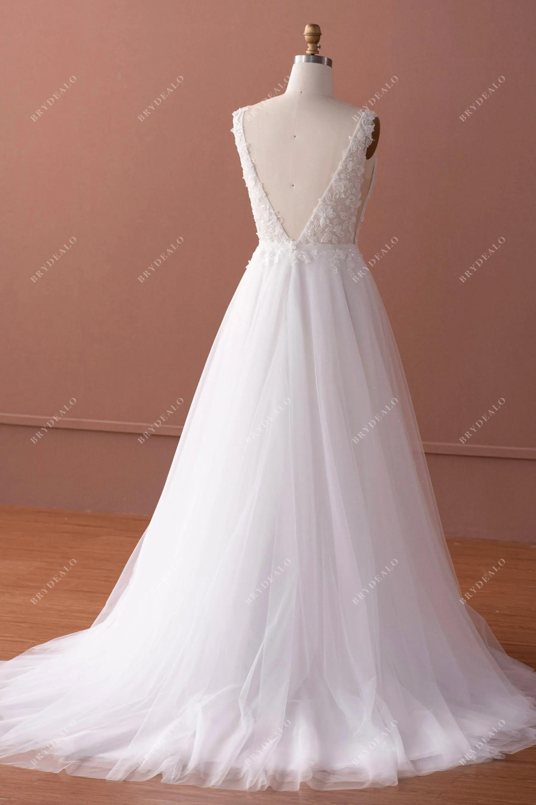 3D Flower Lace Plunging Shimmery Tulle Wedding Dress