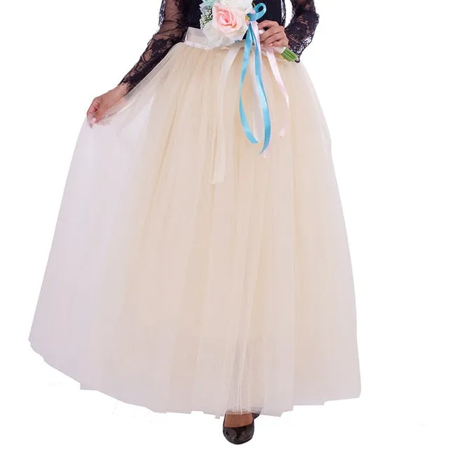 6 Layers 40 Inch Long Tulle Skirts Floor-Length Pleated Skirt Fashion Wedding Bridal Bridesmaid Skirt Faldas Jupe Saias