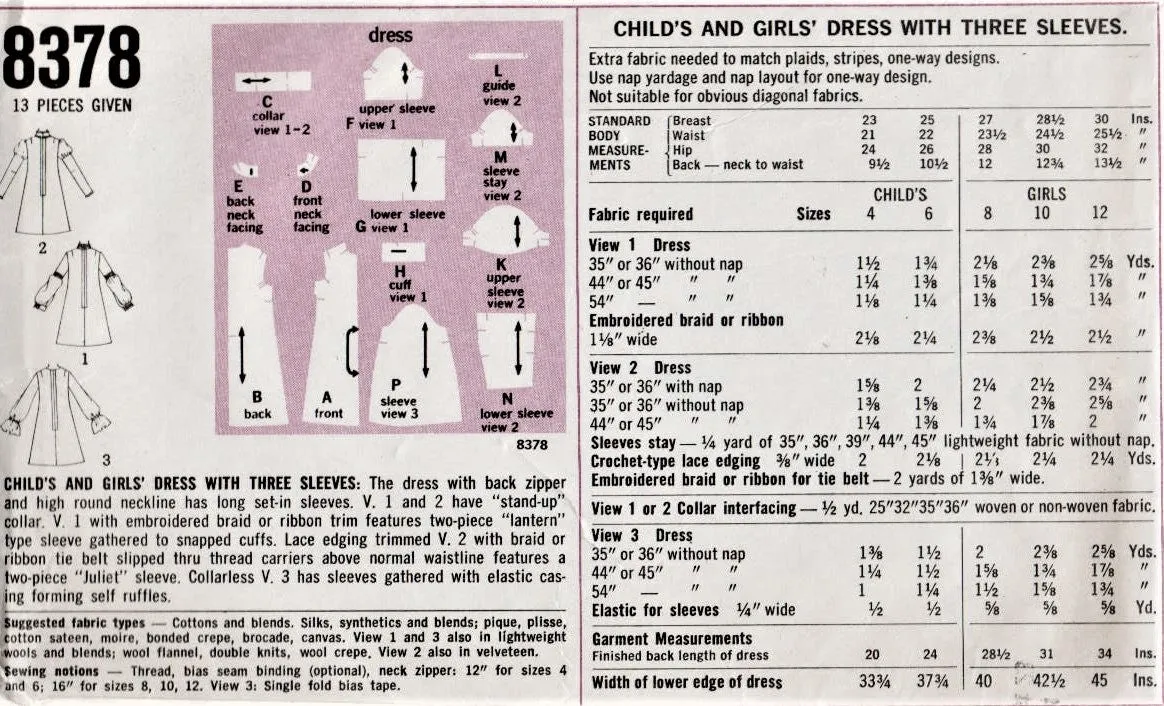 60s Girls Dress Pattern Juliet Sleeves Girls Mini Dress Girls Vintage Dress SIMPLICITY 8378 Girls Size 10 Dress Pattern Girls Retro Dress UNCUT