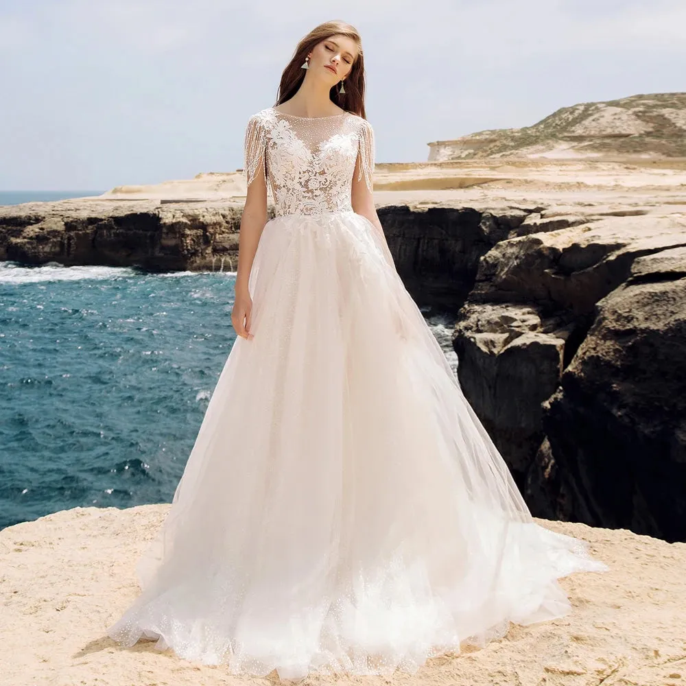 A-Line Beach Wedding Dresses O-Neck Tassel Sleeveless Court Train Bridal Gown