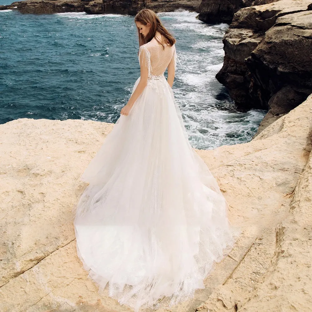 A-Line Beach Wedding Dresses O-Neck Tassel Sleeveless Court Train Bridal Gown