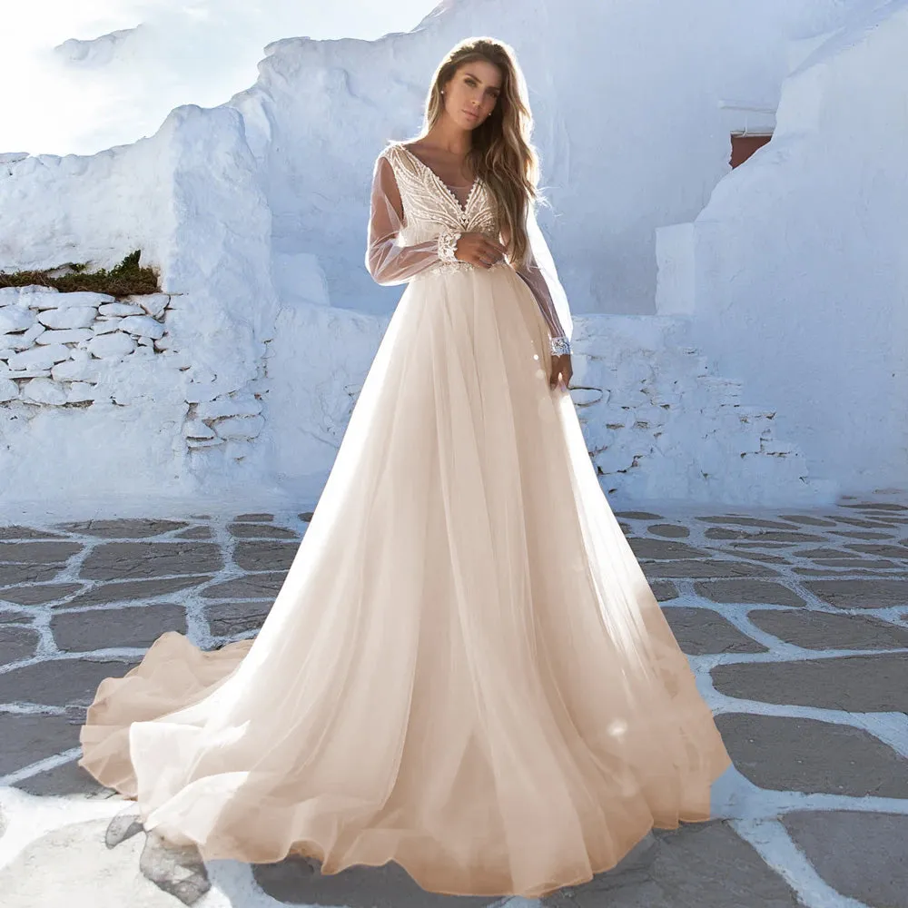 A-Line Beach Wedding Dresses V-Neck Illusion Long Sleeve Beaded Court Train