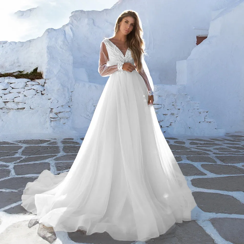 A-Line Beach Wedding Dresses V-Neck Illusion Long Sleeve Beaded Court Train