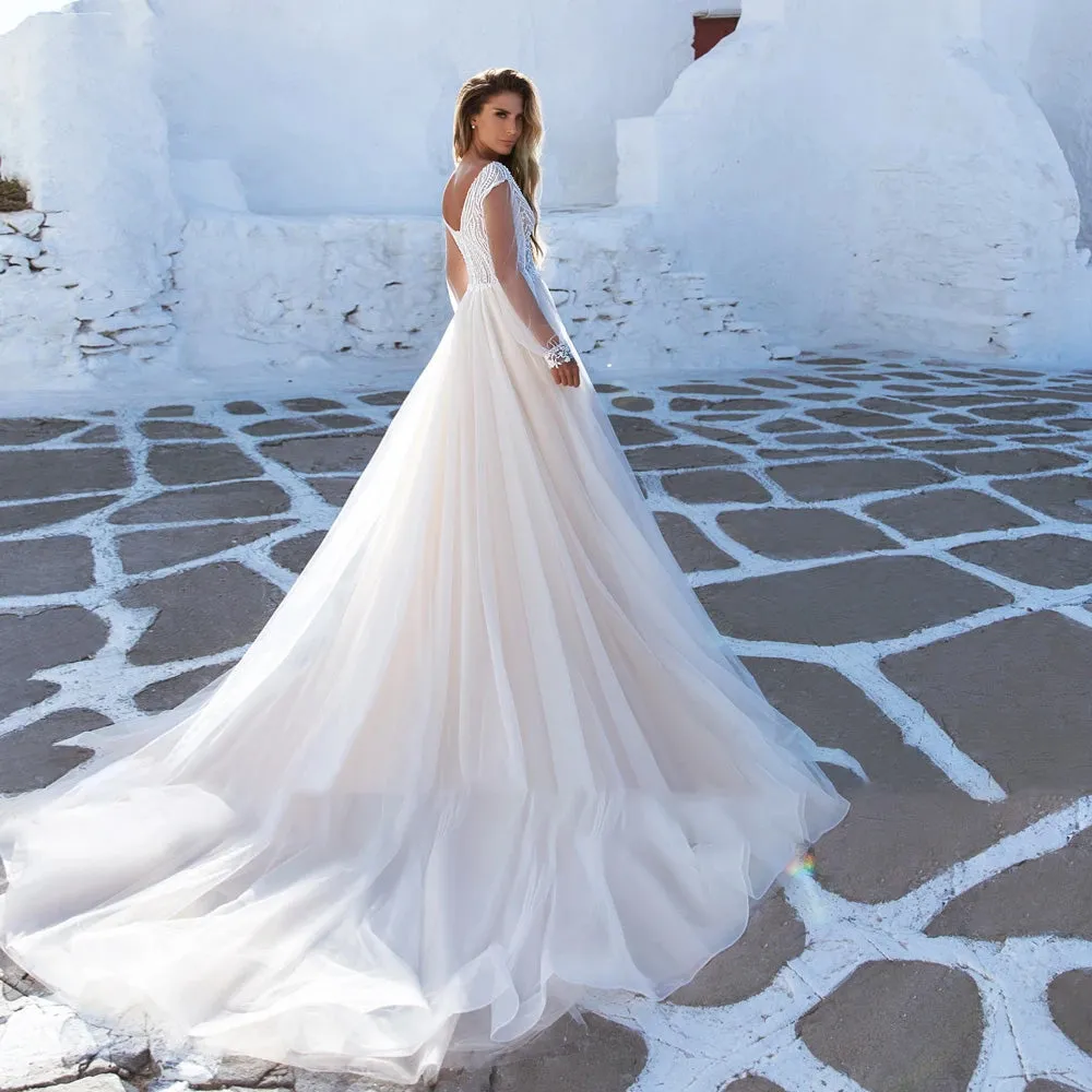 A-Line Beach Wedding Dresses V-Neck Illusion Long Sleeve Beaded Court Train