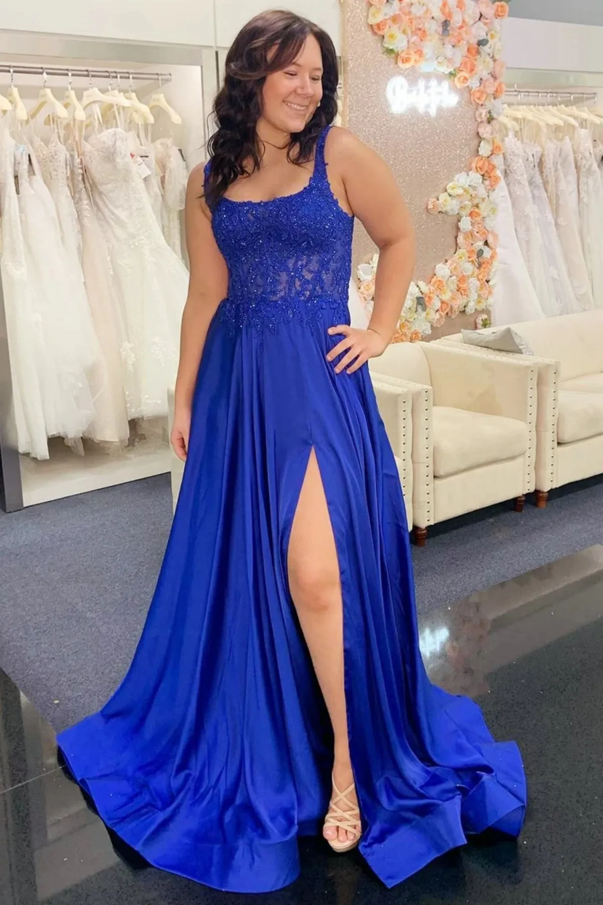 A Line Blue Lace Long Prom Dress with High Slit, Blue Lace Formal Dress, Long Blue Evening Dress A2176