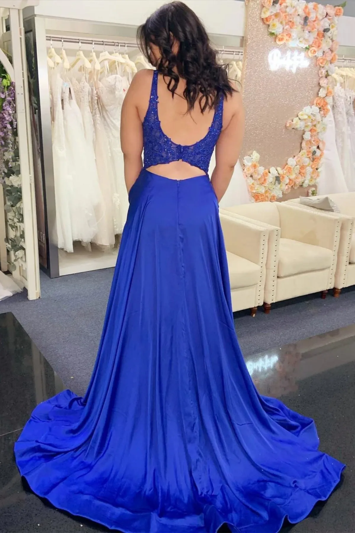 A Line Blue Lace Long Prom Dress with High Slit, Blue Lace Formal Dress, Long Blue Evening Dress A2176