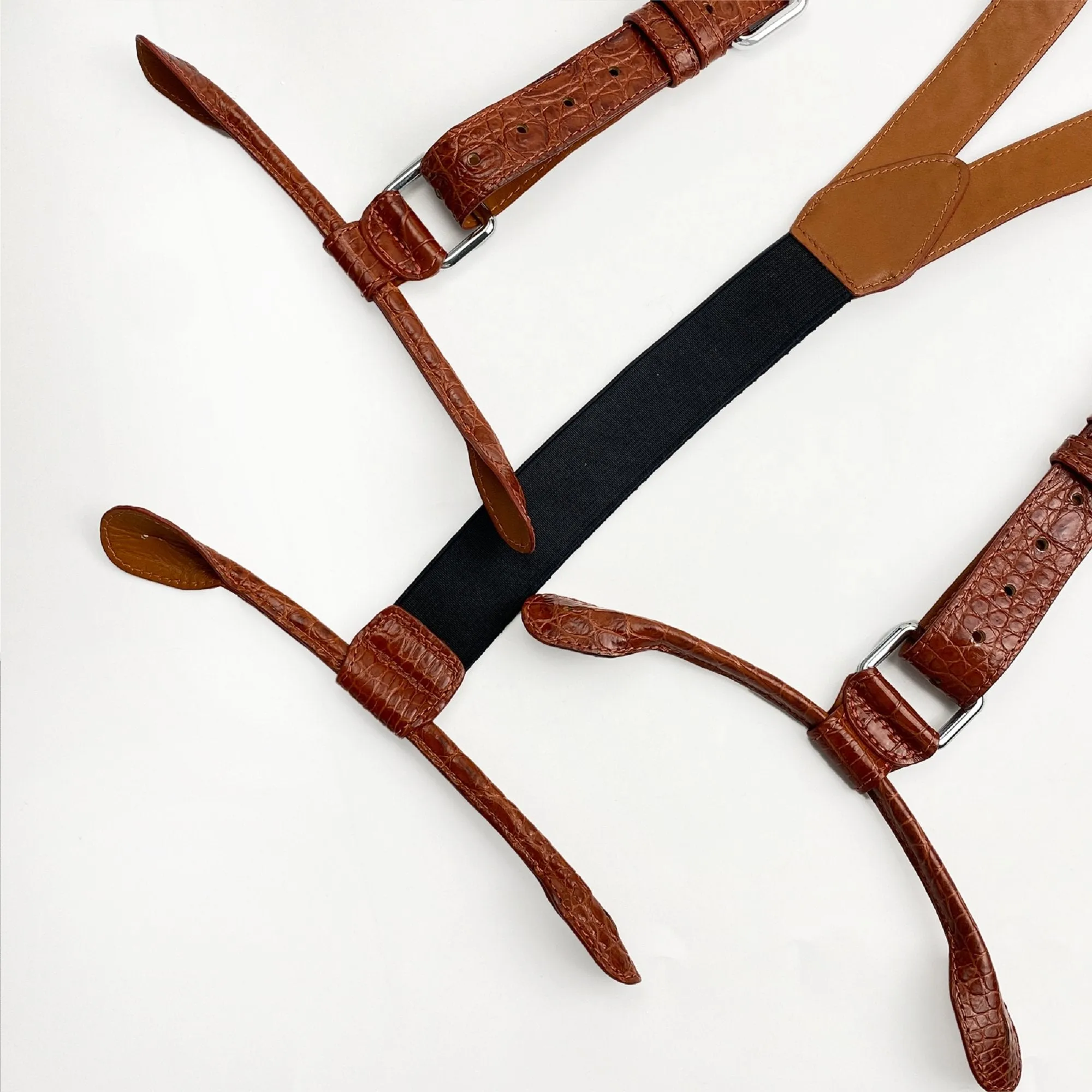 Alligator Y-Back Brown Leather Suspenders Men Button End - Wedding Party Groomsmen Suspenders Adjustable - Christmas Gift For Husband