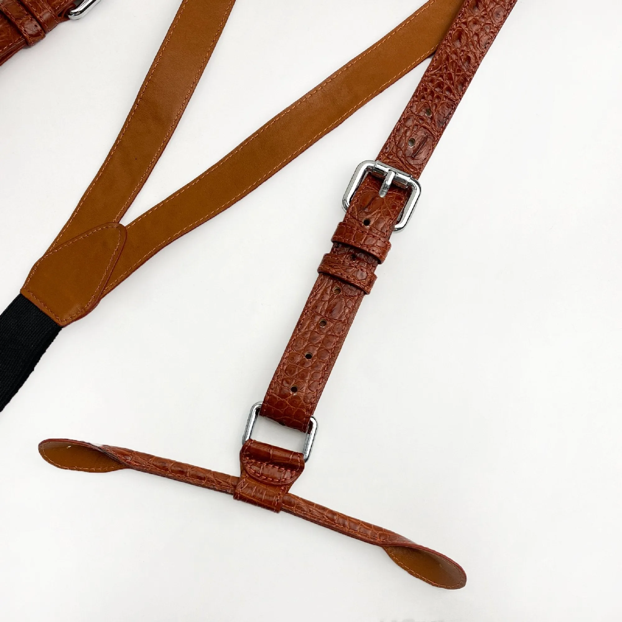 Alligator Y-Back Brown Leather Suspenders Men Button End - Wedding Party Groomsmen Suspenders Adjustable - Christmas Gift For Husband