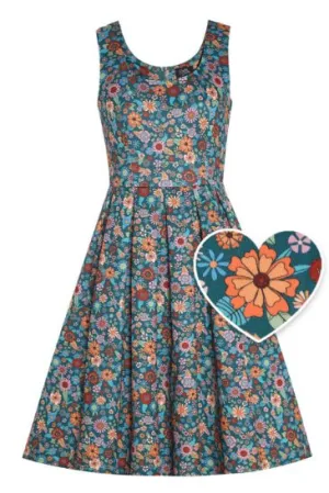 Amanda 70s Floral Swing Dress In Peacock Blue