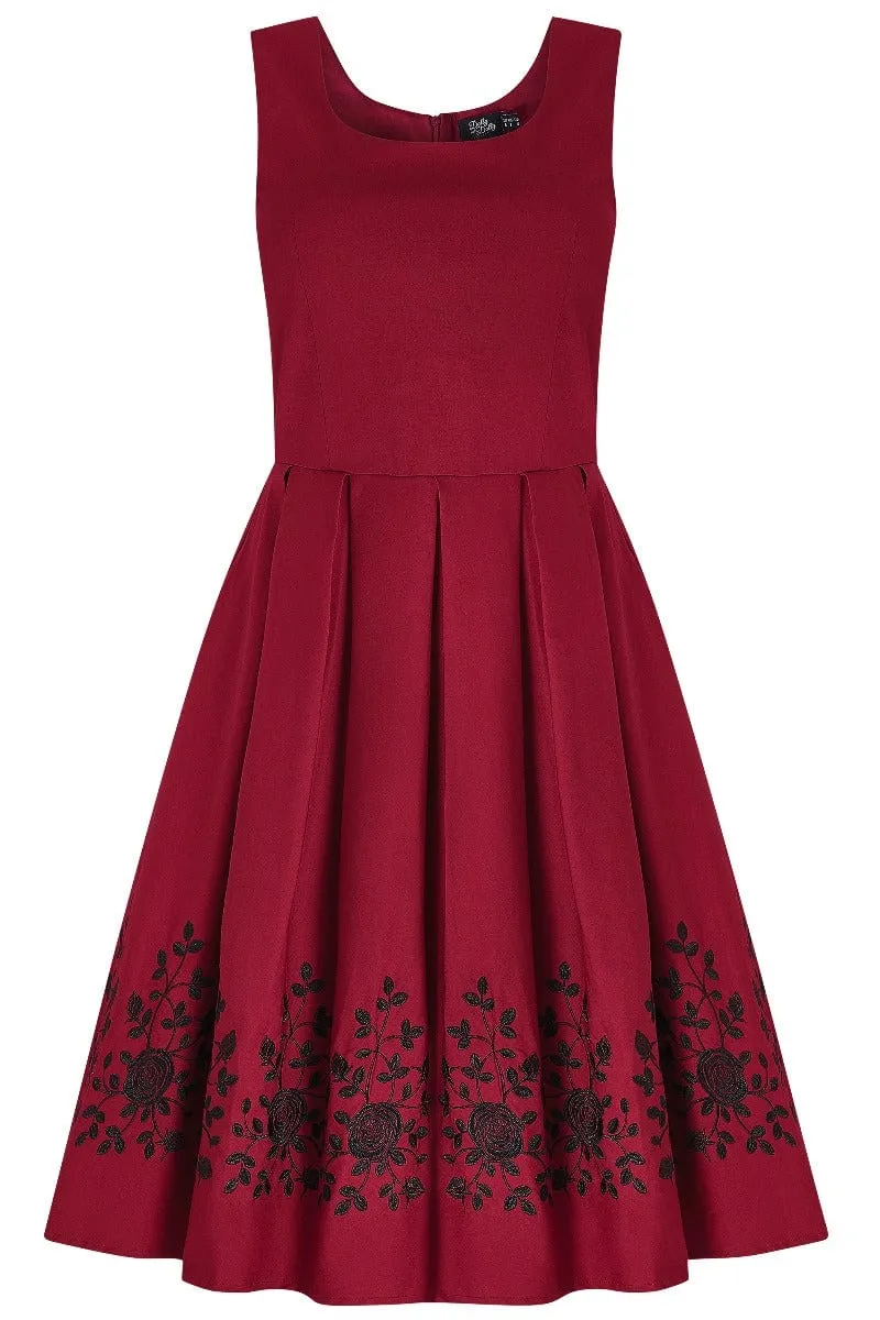 Amanda Embroidered Scoop Neck Swing Dress in Burgundy-Black