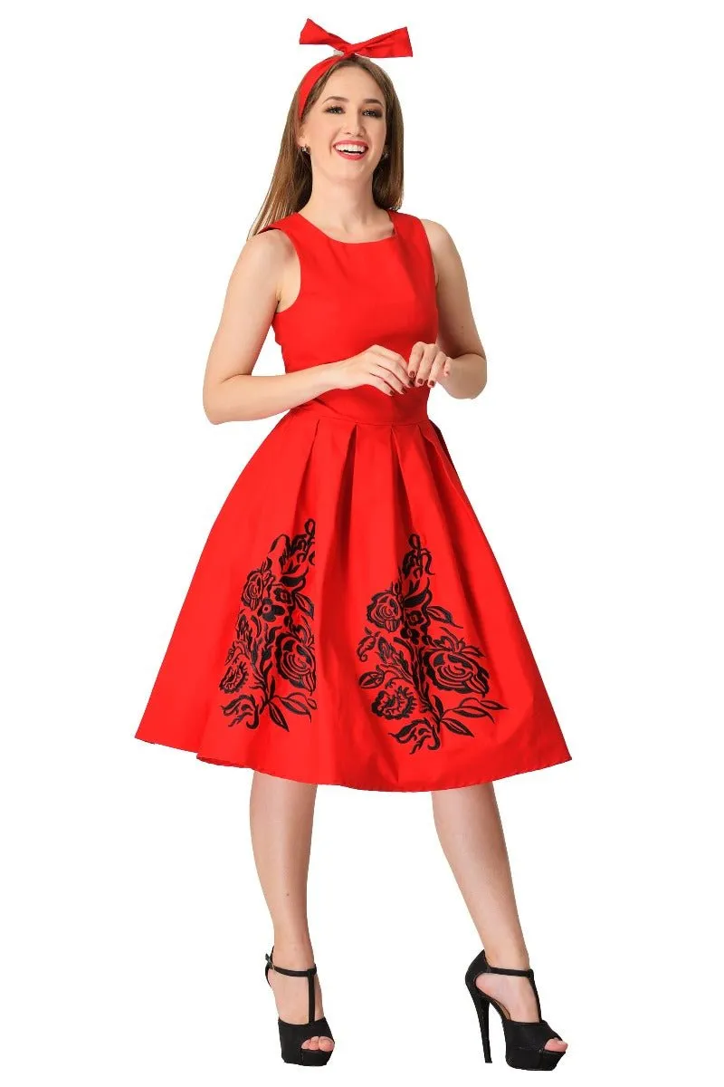 Annie Embroidered Roses Swing Dress in Red-Black