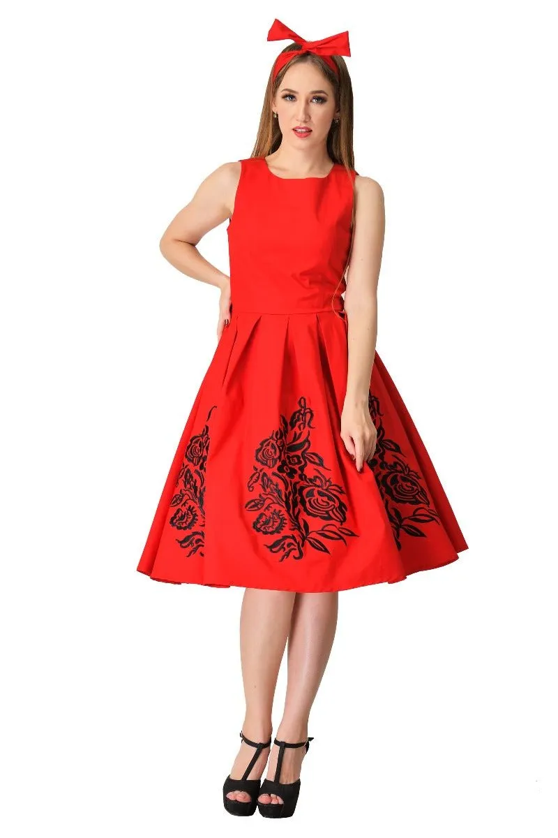 Annie Embroidered Roses Swing Dress in Red-Black