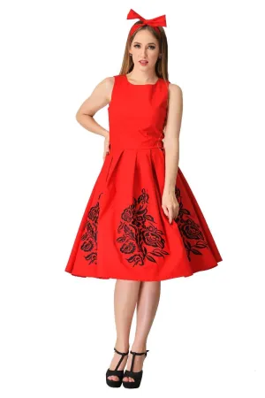 Annie Embroidered Roses Swing Dress in Red-Black