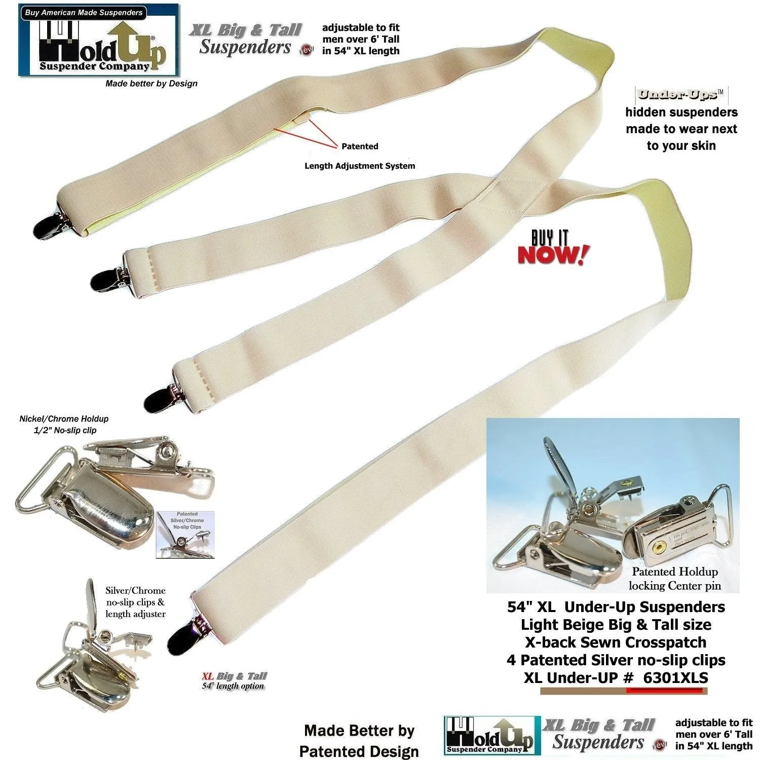 Beige Invisible Undergarment Suspenders 1 1/2" Wide XL in X-back Style w/ No-slip Metal Clips