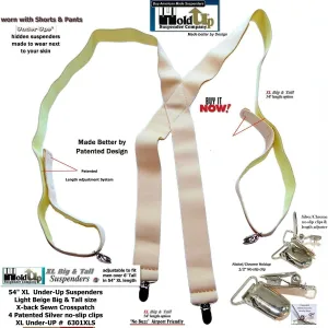 Beige Invisible Undergarment Suspenders 1 1/2" Wide XL in X-back Style w/ No-slip Metal Clips