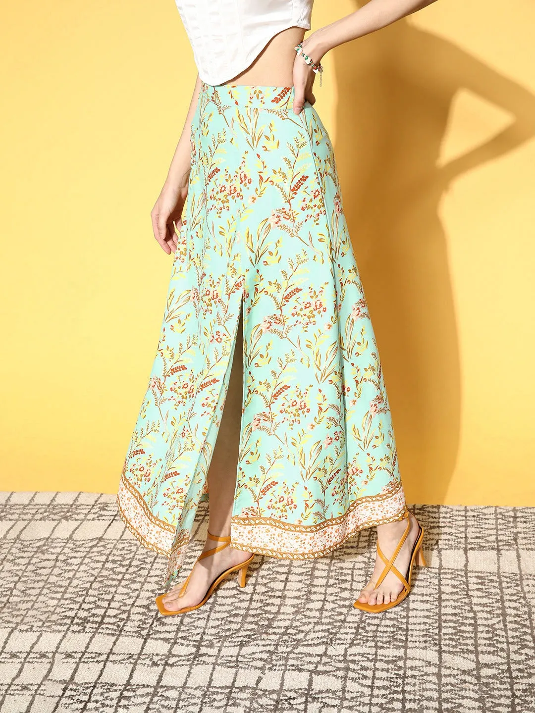 Berrylush Women Green Floral Printed High-Rise Waist Side-Slit Flared A-Line Midi Skirt