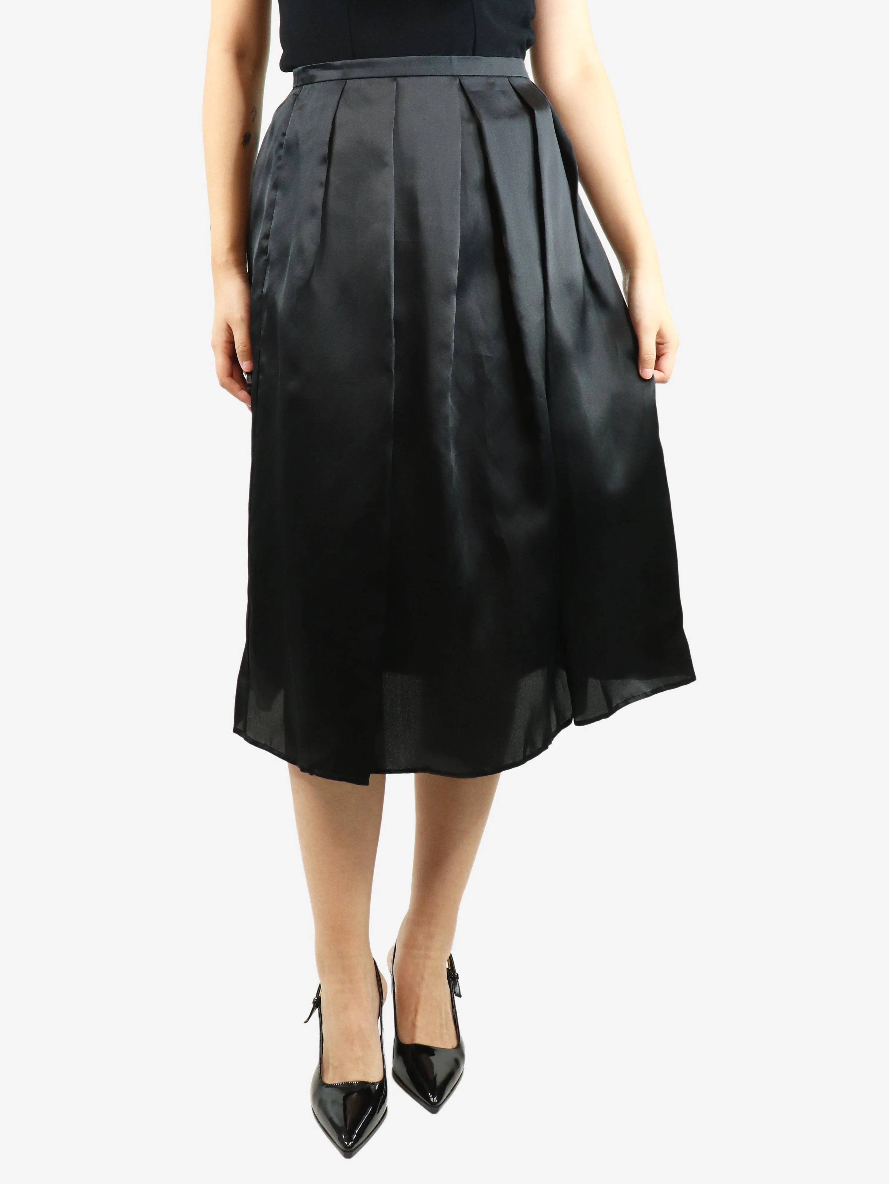 Black silk pleated midi skirt - size UK 10