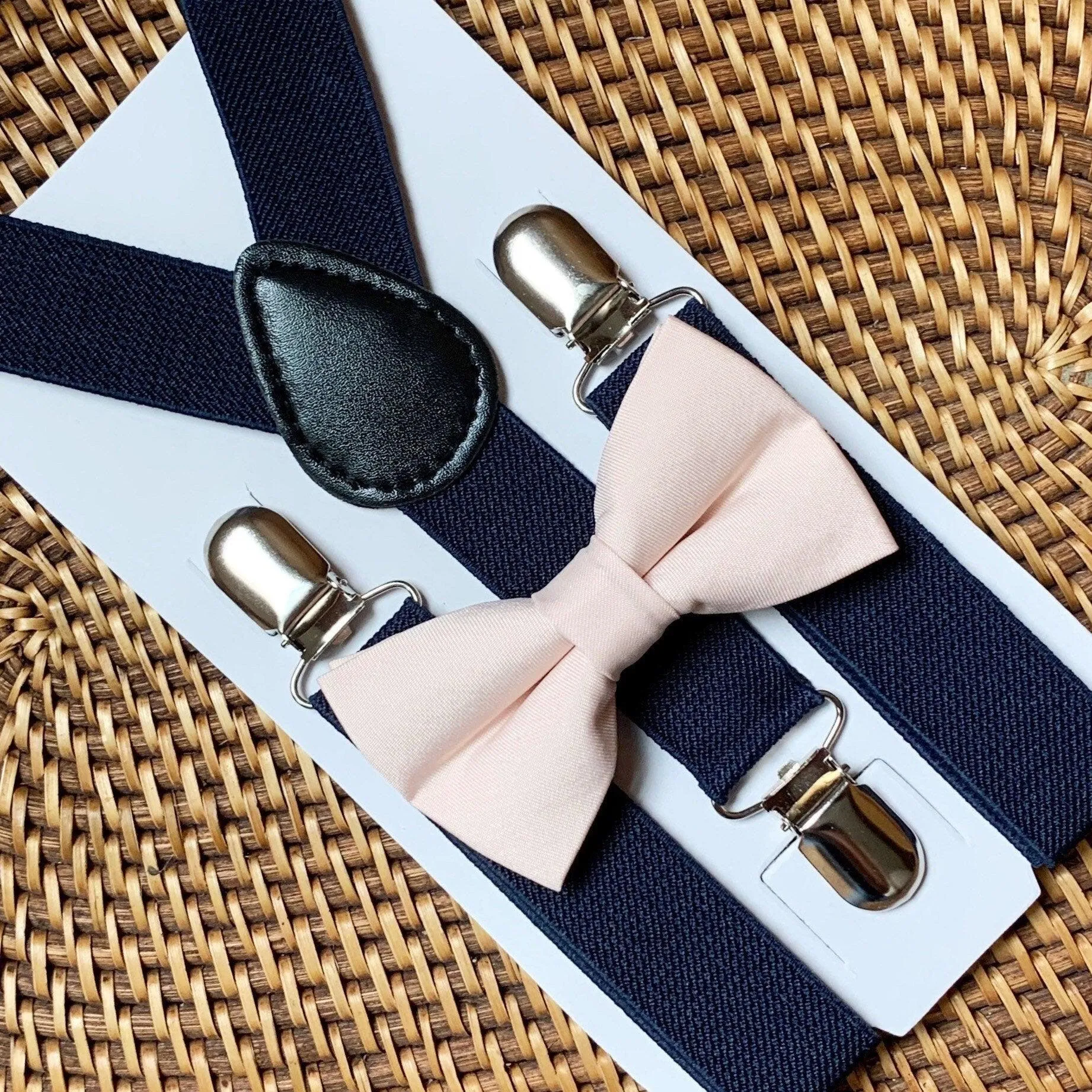 Blush Bow Tie & Navy Blue Suspenders Set