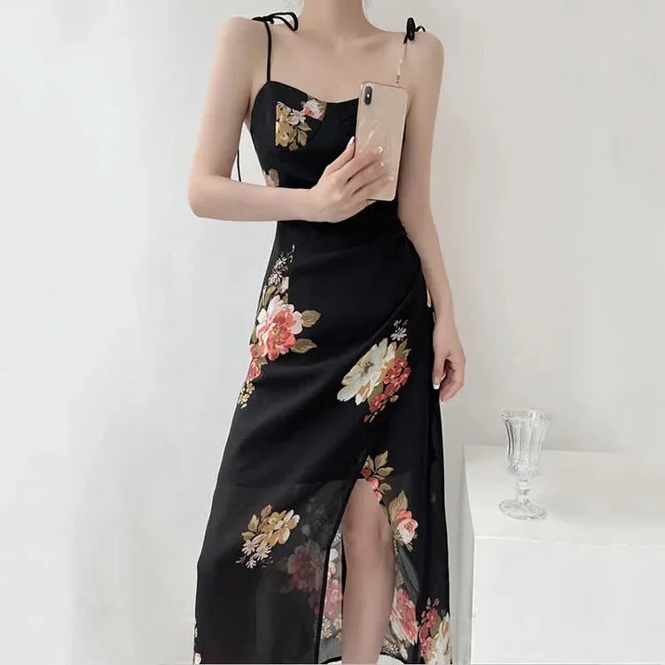 Chic Vintage Floral Print Lace Up Split Slip Dress