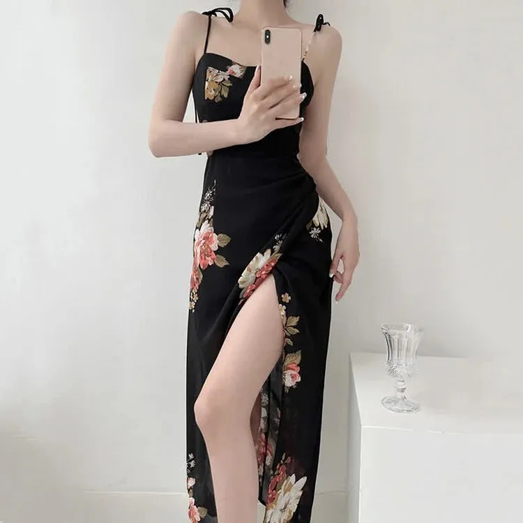 Chic Vintage Floral Print Lace Up Split Slip Dress