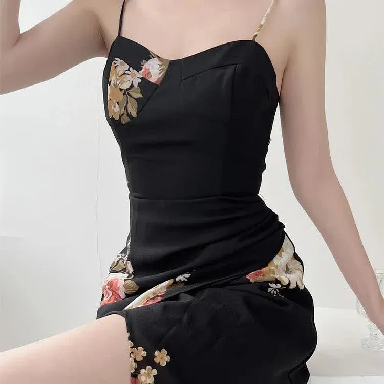 Chic Vintage Floral Print Lace Up Split Slip Dress