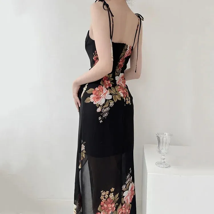 Chic Vintage Floral Print Lace Up Split Slip Dress