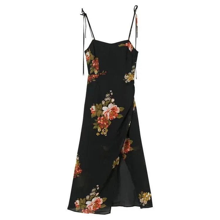 Chic Vintage Floral Print Lace Up Split Slip Dress