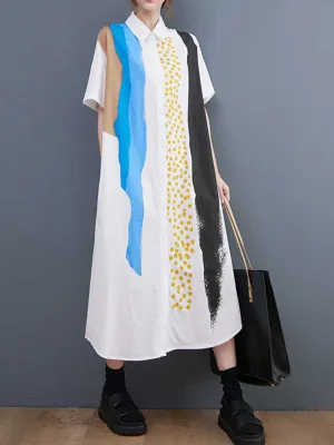 Cotton Art Print Short Sleeve Shirt Dress