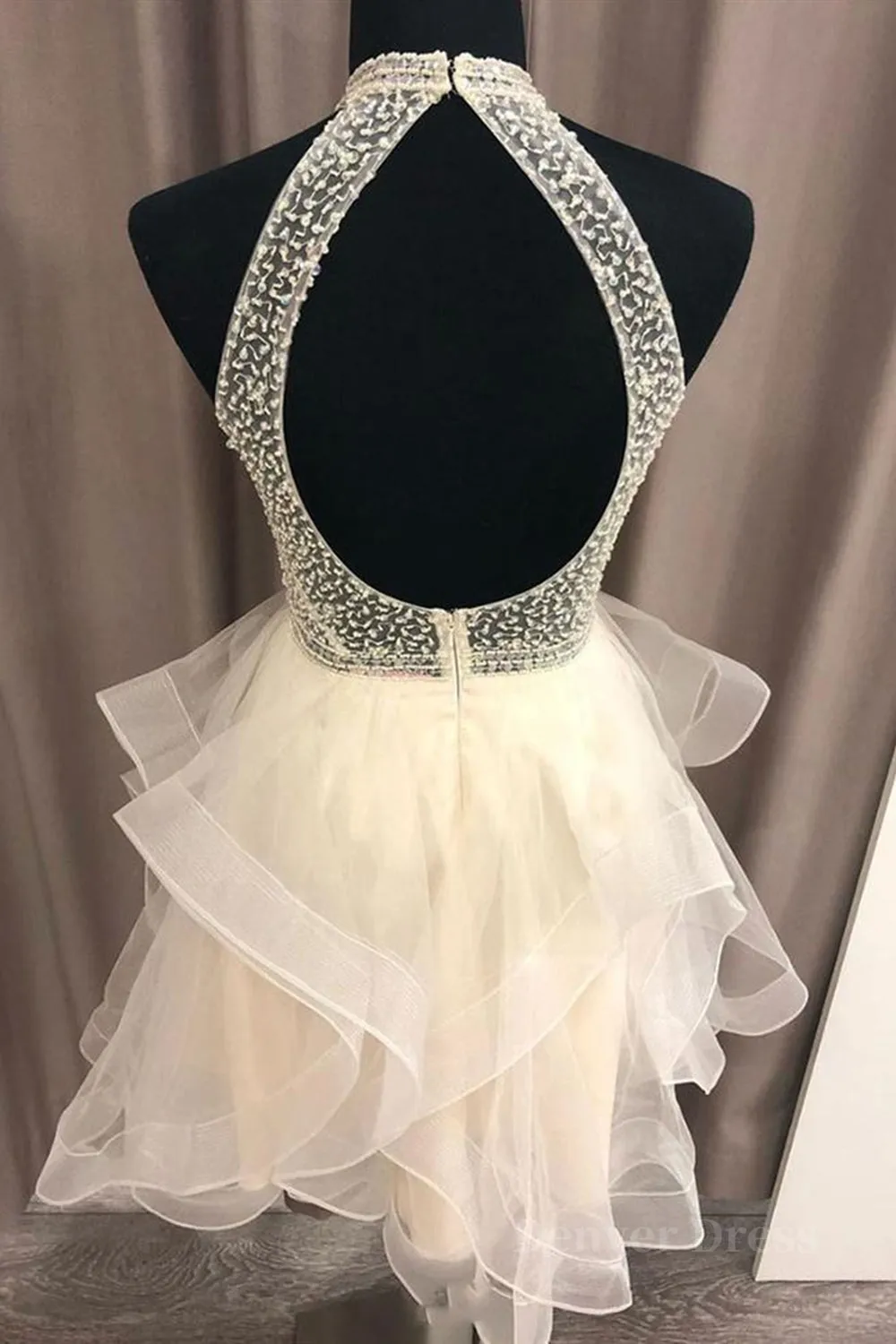 Cute Open Back Champagne Beaded Short Prom Dress Fluffy Champagne Beaded Homecoming Dress