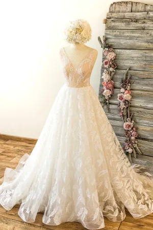 Designer Feathered Lace Plunging Neck Wedding Ball Gown