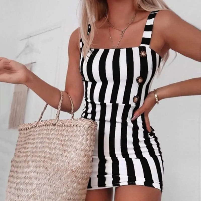 DressBetty - Women Sheath Dress Suspenders Sleeveless Vertical Striped Female Dress