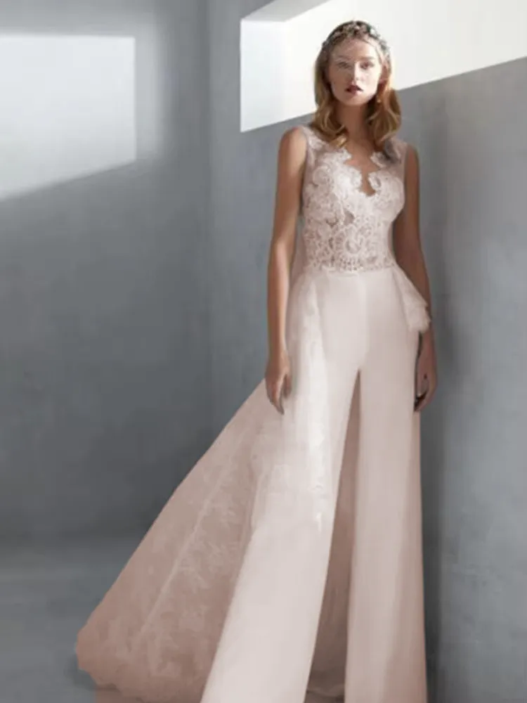 Elegant Overskirt Boho Wedding Jumpsuit with Sheer Jewel Neck Lace and Beach Bridal Pants