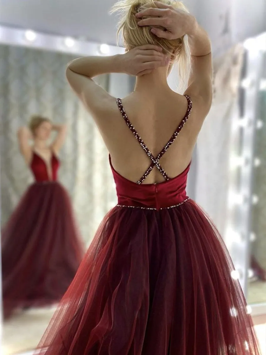 Elegant V Neck Backless Burgundy Long Prom, V Neck Wine Red Formal Graduation Evening