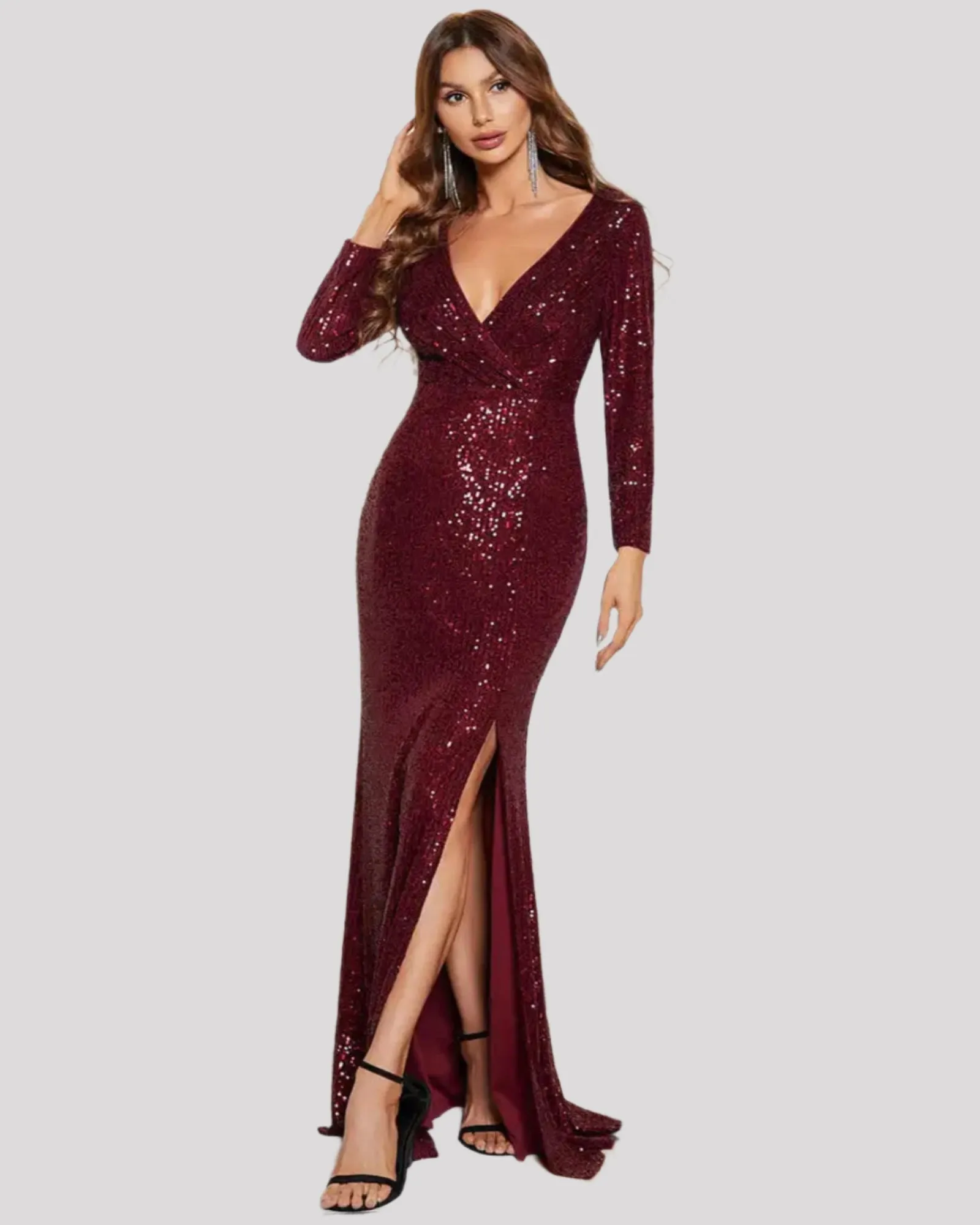 Elegant V Neck Sequin Evening Dress with Long Sleeves and Front Leg Split available in 4 Colours