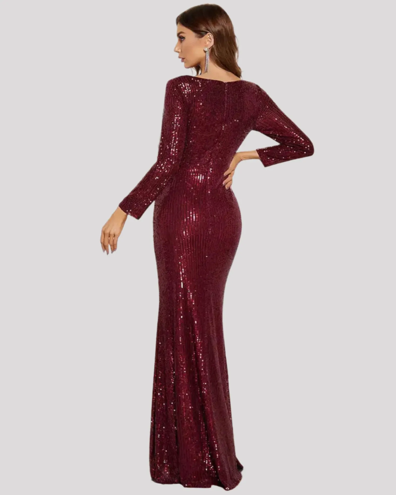 Elegant V Neck Sequin Evening Dress with Long Sleeves and Front Leg Split available in 4 Colours