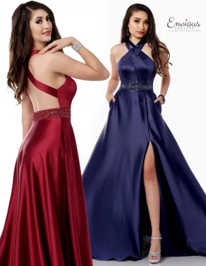 ENVIOUS Couture 1755 Burgundy Satin A-Line Dress w/ Pockets