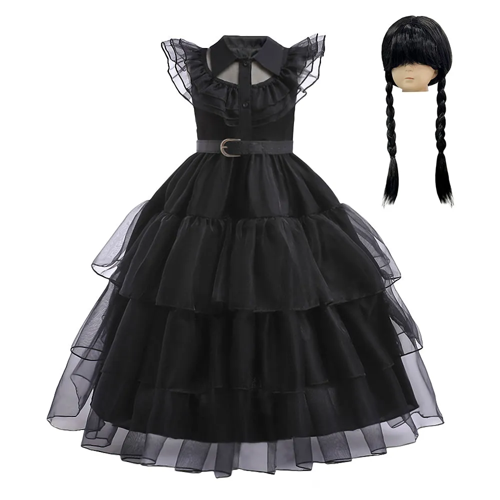 FC397 - Wednesday Black Prom Dress Halloween Birthday Party Costume with Hair Wig for Toddler & Little Girls Size 4T to 12