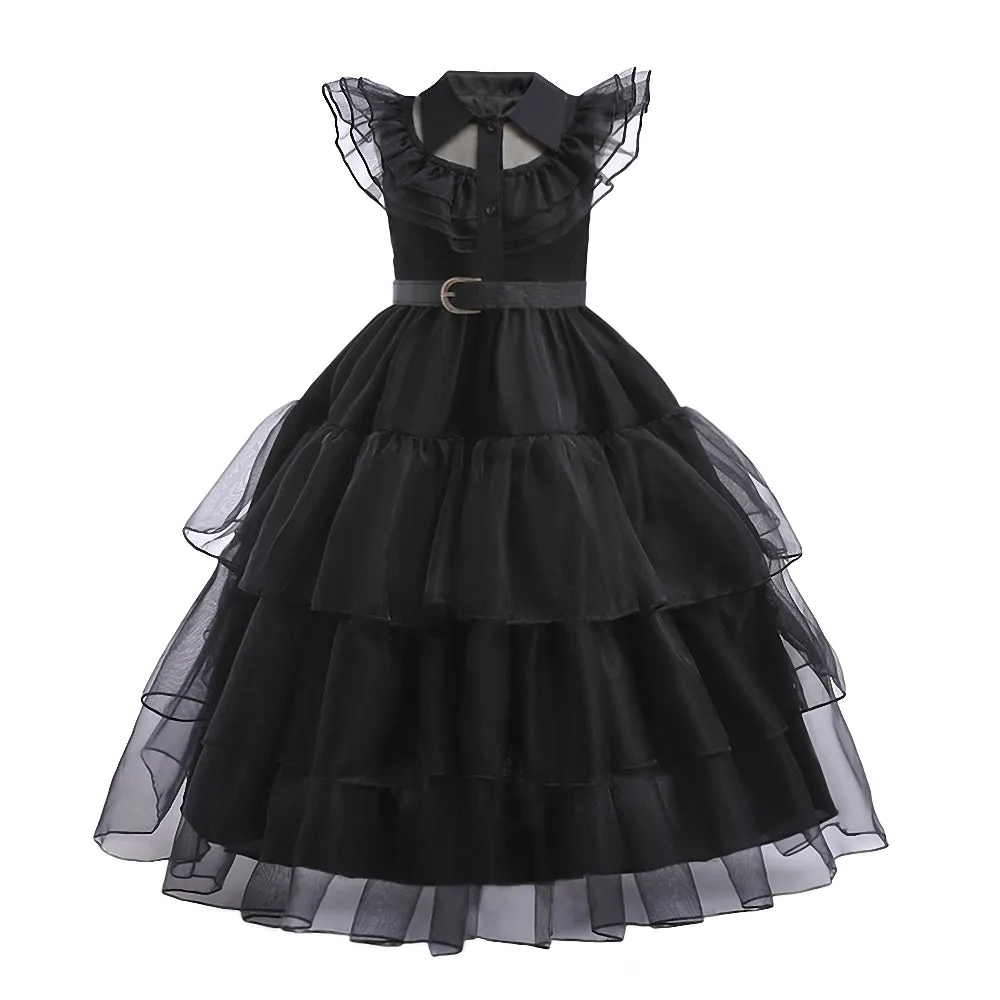 FC397 - Wednesday Black Prom Dress Halloween Birthday Party Costume with Hair Wig for Toddler & Little Girls Size 4T to 12