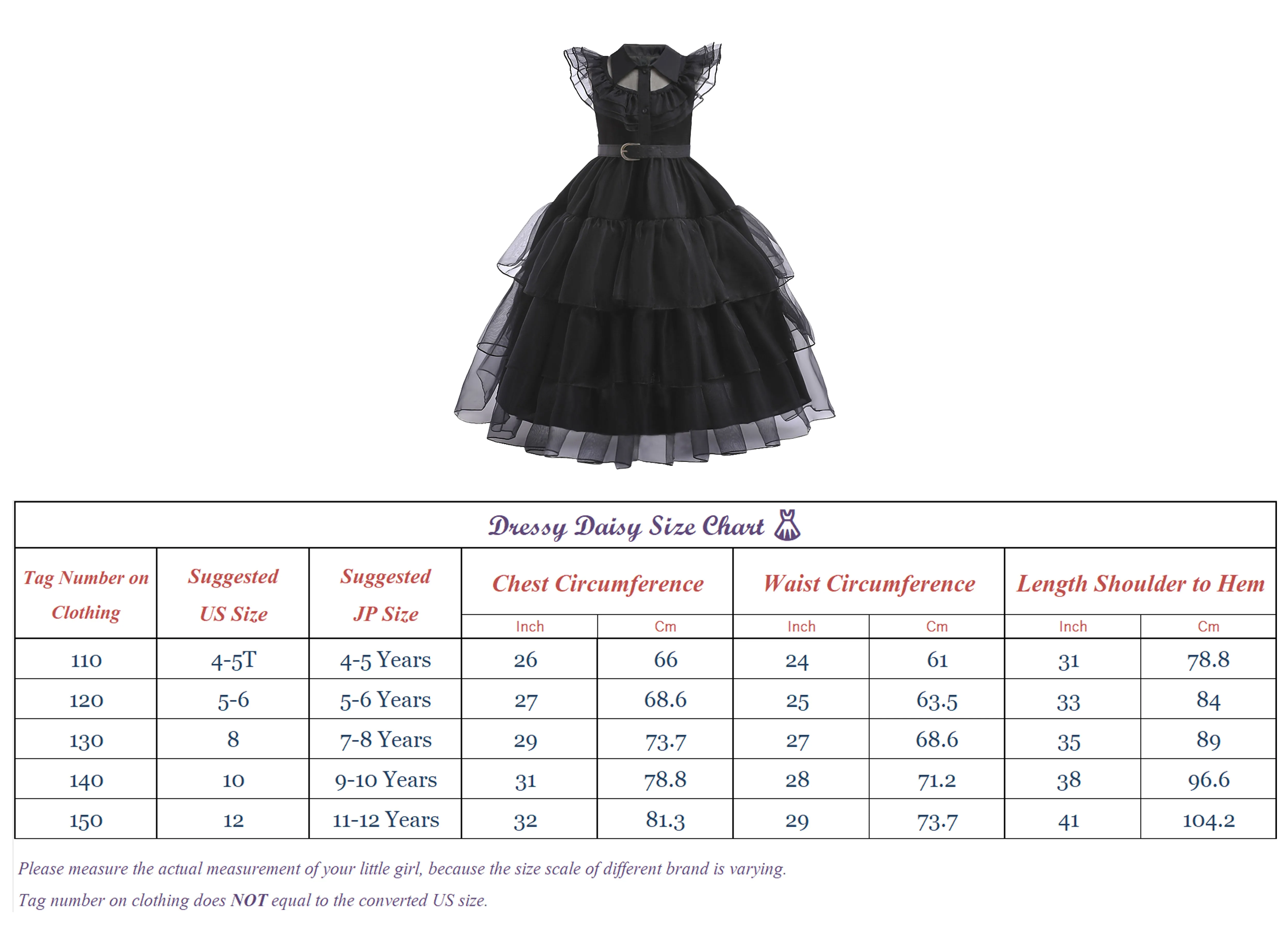 FC397 - Wednesday Black Prom Dress Halloween Birthday Party Costume with Hair Wig for Toddler & Little Girls Size 4T to 12