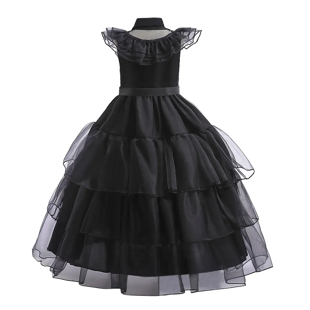 FC397 - Wednesday Black Prom Dress Halloween Birthday Party Costume with Hair Wig for Toddler & Little Girls Size 4T to 12